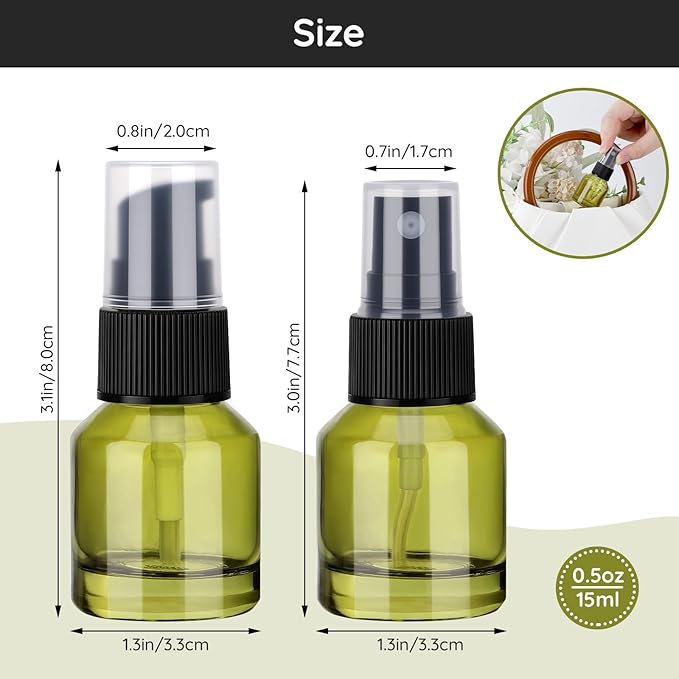 Segbeauty 12pcs 0.5oz Glass Liquid Travel Containers of 6pcs Lotion Pump Bottle Dispenser, 6pcs Empty Spray Bottle, 15ml Refillable Mini Travel Bottles for Cosmetics, Small Pump Container for Liquids