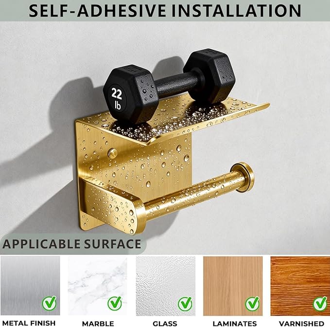 Toilet Paper Holder with Shelf, Heavy-Duty Stainless Steel Bathroom Hardware, Self-Adhesive No-Drill/Drill-Mount Wall-Mounted Roll Holder, Rust-Proof Bathroom Tissue Rack (Gold)