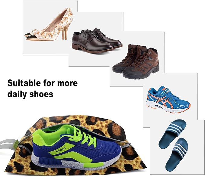 BeeGreen Leopard Shoe Bags 6 Pack for Travel with Handle as Packing Organizers for Suitcase and Luggage | Portable Nylon Storage Accessories for Vacations,Gym,Sport,Essential Gifts for Women and Men