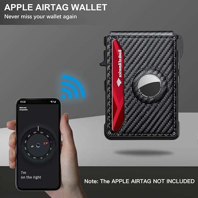 Airtag Wallet for Men, Mens Smart Wallet for Air Tag RFID Blocking, Minimalist Bifold Pop Up Aluminum Credit Card Case Holder 12+ Cards with ID Window, Gift for Men, No Airtag Included (Carbon Orange)