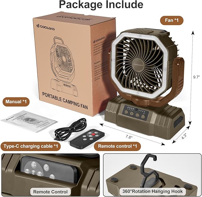 Odoland Portable Camping Fan with LED Lantern, 20000mAh Rechargeable Battery Powered Fan with Auto Oscillation, Timer, Remote, 360° Rotation Hook, 4 Speeds for Power Outage Travel Home,Brown