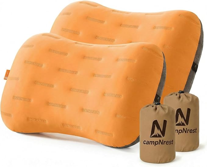 Inflatable Camping Pillow - Ultralight Compact Air Pillow for Travel, Backpacking & Hiking - Ergonomic Neck & Lumbar Support - Portable Inflatable Pillow with Removable Washable Cover -(Orange 2 Pack)