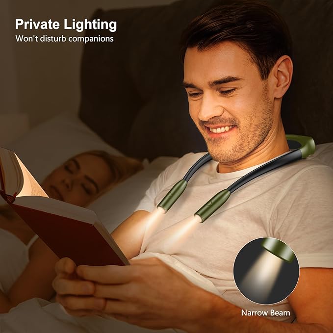 Gritin LED Neck Reading Light,Book Light for Reading in Bed-Eye Caring 3 Colors, Dimmable Brightness, Bendable Arms, 80+Hrs Runtime, Neck Round Design, Lightweight for Crafting, Knitting-Deep Green