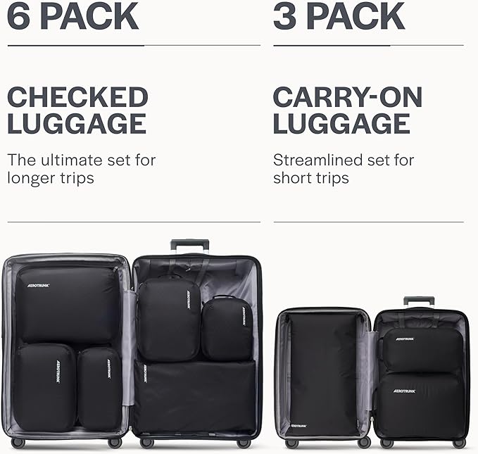 Aerotrunk Ultralight Compression Packing Cubes - Lightweight Travel Organizers for Suitcases and Luggage (3-Pack, Black)