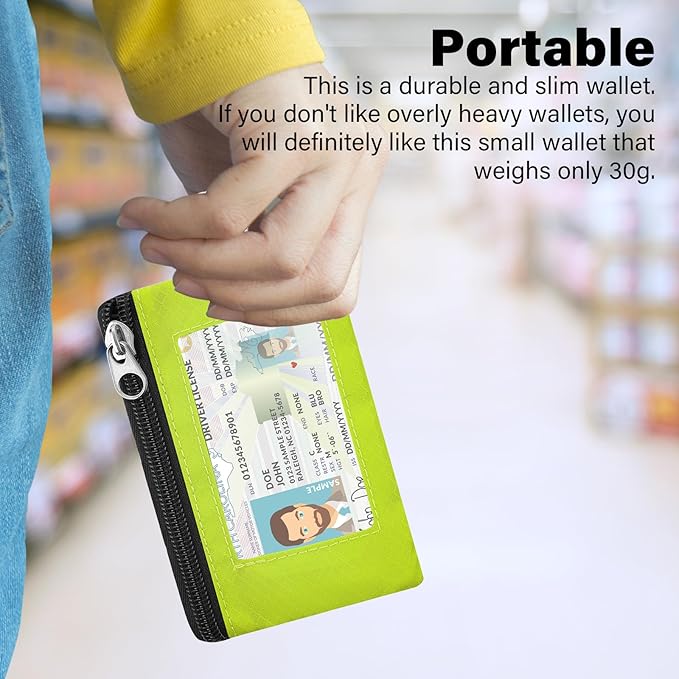 Minimalist RFID Wallet with Lanyard, Multi-Functional ID Case with 2 Zipper Pockets and Key Chain for Men and Women, Tactical Badge Pouch Cards Holder, Coin Purse for Travel Sports-BU+GN