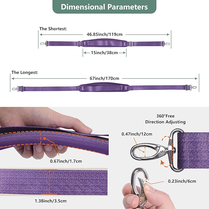 67 Inch Shoulder Straps, Soft with Ultra-Thick Fixed Shoulder Pad, Two Way Independently Adjustable Buckle Replacement Straps for Laptop Bag Messenger Bag Tool Bag Luggage,Purple