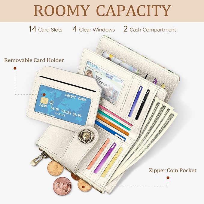 Icycay Hummingbird Small Wallet Women RFID Blocking Bifold, Cute Credit Card Holder, Zipper Coin Pocket, PU Leather, Compact, Travel, 4 ID Window, 14 Card Slots, Cash Purse, Ladies Woman Female Girls
