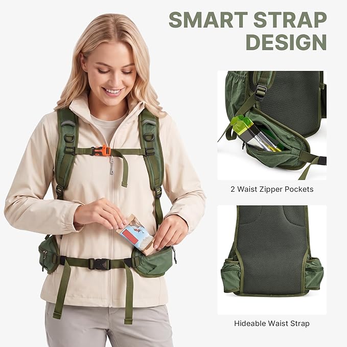 G4Free 20L Hiking Backpack with Waist Strap for Women Men, Lightweight Waterproof Daypack for Travel Camping Outdoor, Green