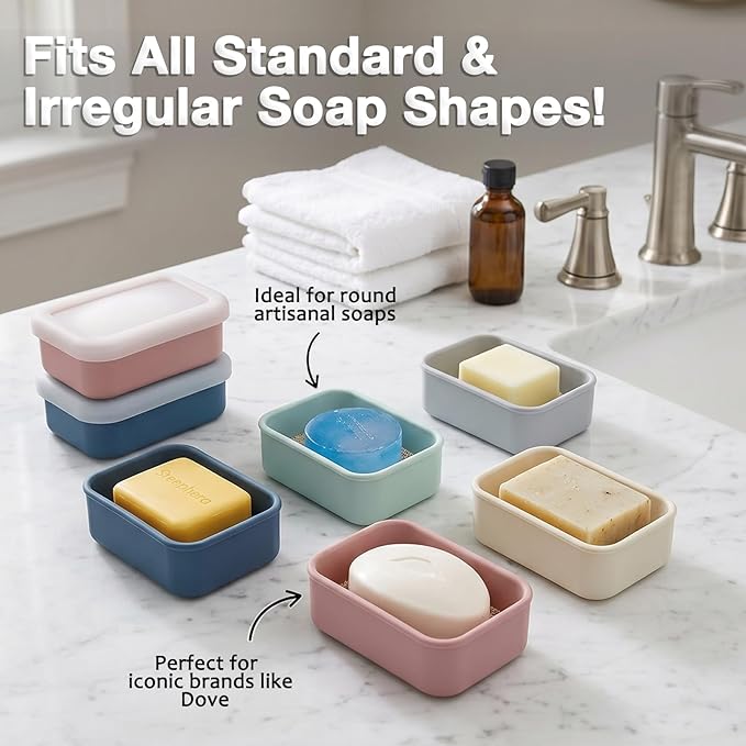 HighHerz Compact Leak Proof Silicone Travel Soap Case with Draining Tray - Portable Bar Soap Container - 2026 Upgrade Travel Essentials for Camping, Gym & Shower (Clear Blue)