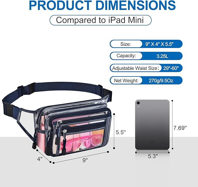 Clear Bag Stadium Approved Clear Fanny Pack for Women for Work,Multi-purpose Waist Bag for Travel & Sporting Event