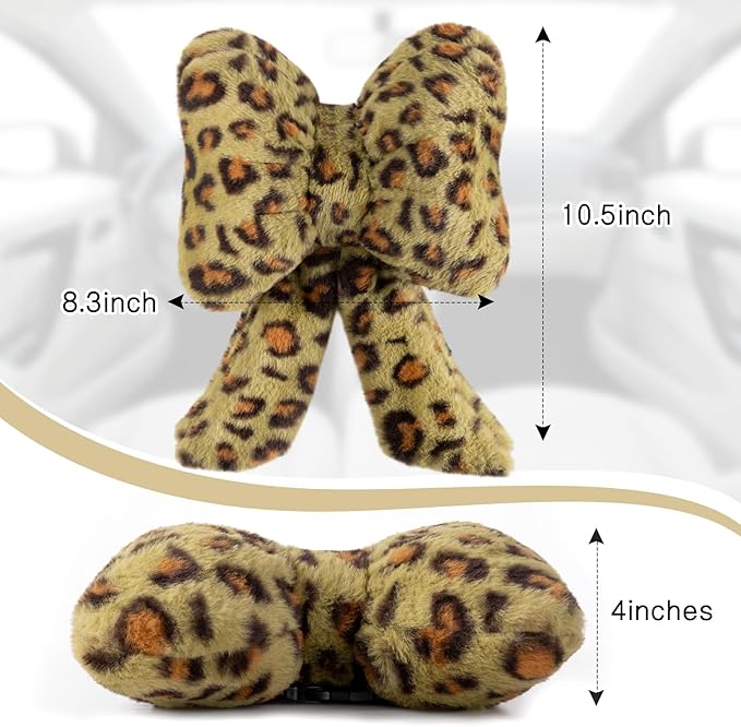 Macarrie 2 Pcs Car Neck Pillow Plush Butterfly Bow Car Headrest Pillow Comfortable Seat Neck Support Cute Head Rest Accessories for Driving Travel Driver Chair Girl Interior Decor(Green,Leopard)