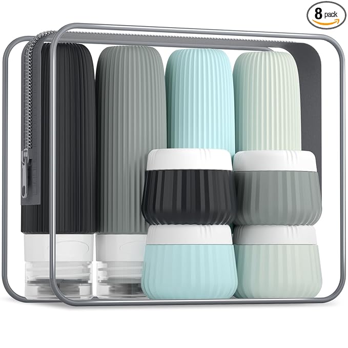 Mrsdry Travel Bottles - 8 Pack, TSA Approved Travel Size Toiletries, Leak Proof Silicone Squeezable Containers in Clear Bag