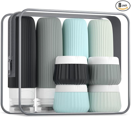 Mrsdry Travel Bottles - 8 Pack, TSA Approved Travel Size Toiletries, Leak Proof Silicone Squeezable Containers in Clear Bag