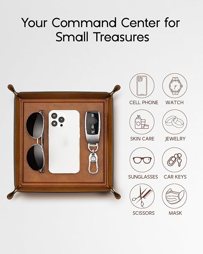 Valet Tray for Men Women, Nightstand Organizer Vanity Catchall Holder for Dresser Desk Storage Bedside, Travel PU Leather Jewelry Key Bowl Coin Watches and Candy Entryway Tray - Large, Light Brown