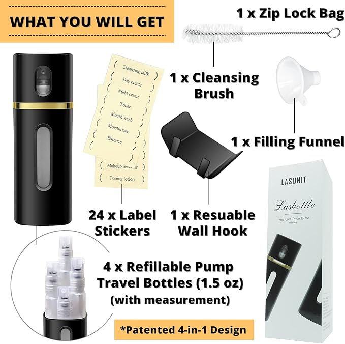 LASBOTTLE 4 in 1 Travel Bottle Travel Accessory Travel Essentials Liquid Dispenser Travel Container Pump Bottle Leak Proof Toiletries Soap Cosmetic Lotion Spray, 6.1 oz (Gold Black)