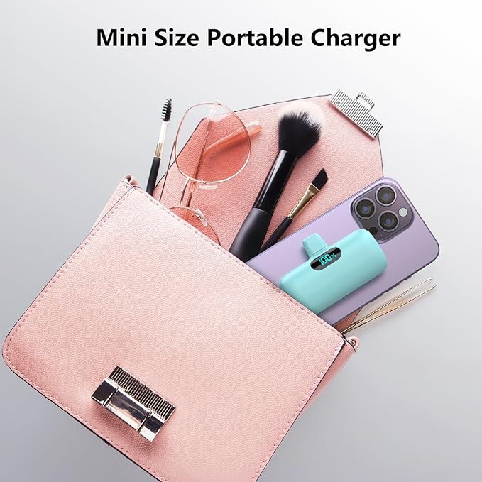 Mini Portable Charger USB C Power Bank,5000mAh PD Fast Charging Battery Pack Built-in USB-C Connector Travel Essential for iPhone17/17Pro/17Pro Max/Air/16 Plus/16Pro Max/15 Series,Android Green