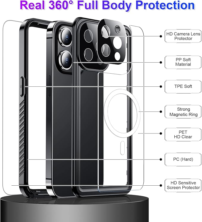 Compatible with iPhone 13 Pro Max Case Waterproof, Built-in Screen & Camera Protector IP68 Underwater Full Body 13FT Military Dropproof Shockproof Phone Case 6.7"-Black/Clear-Mag