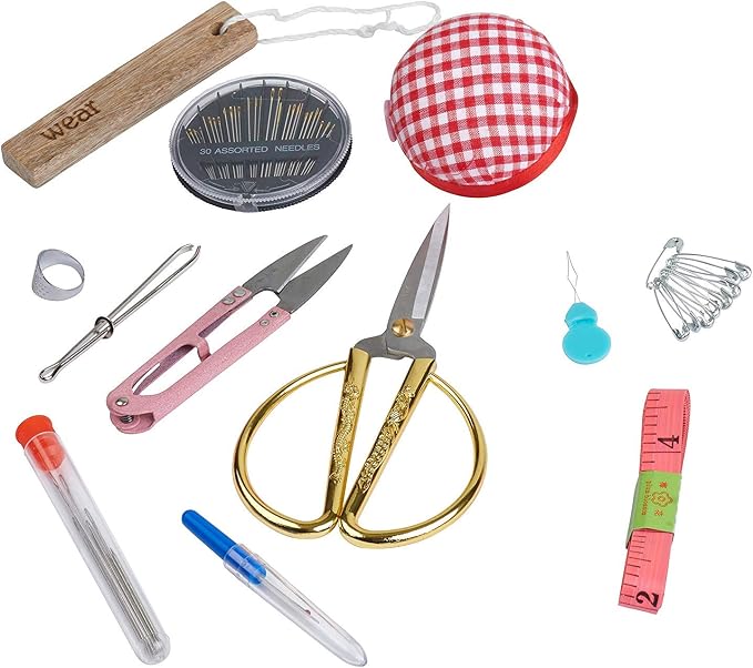 Sewing Kit, Wooden Sewing Kit Box for Adults, Wooden Sewing Basket with Accessories, Home Sewing Basket Stitching Repair Kit for Beginner, Women, Men,Vintage Embroidery Scissors Kit (Retro Brown)
