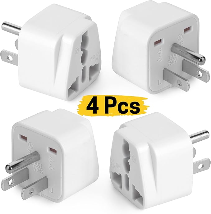Bates- Universal Travel Plug Adapter, 4 Pack, Converts EU/UK/AU/Asia Plugs to USA Outlet, Europe to US Plug Adapter, UK to US Outlet, Compact Design for Home, Office