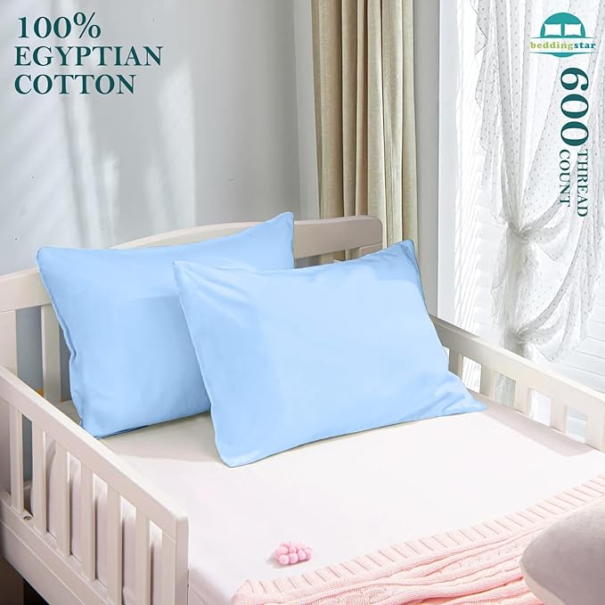 Youth Pillowcase 16x22 Set of 2 Kids Travel Pillow Case Cover with Zipper Closure 600 Thread Count 100% Egyptian Cotton Soft & Skin Friendly Youth Toddler Pillowcase 16x22 Inches, Light Blue