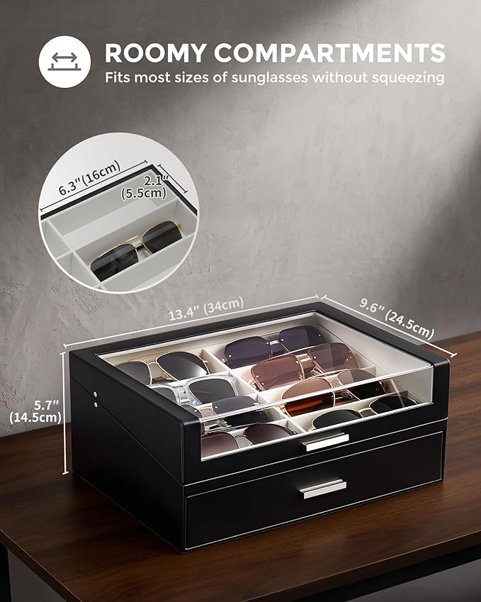 ProCase 16 Slots Sunglasses Box Organizer with L-Shaped Clear Lid, Multiple Pairs Glasses Display Holder Eyewear Eyeglass Eye Glass Storage with Drawer for Men -Black