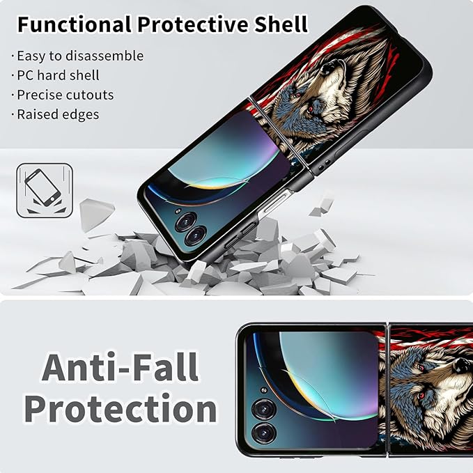 for Motorola Razr Plus 2025 Case,for Razor Plus 2025 Phone Case Cute Slim Hard PC Ultra-Thin Anti-Scratches Shockproof Protective Cover,American Flag Wolf