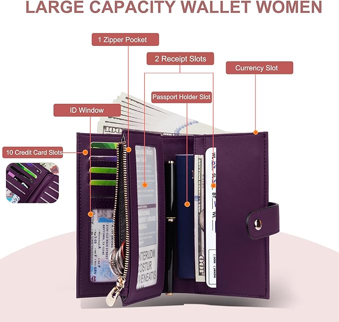 yiijay Womens Wallet RFID Blocking Vegan Leather Trifold Clutch Credit Card Holder Ladies Travel Wallet Purse with Pen Holder