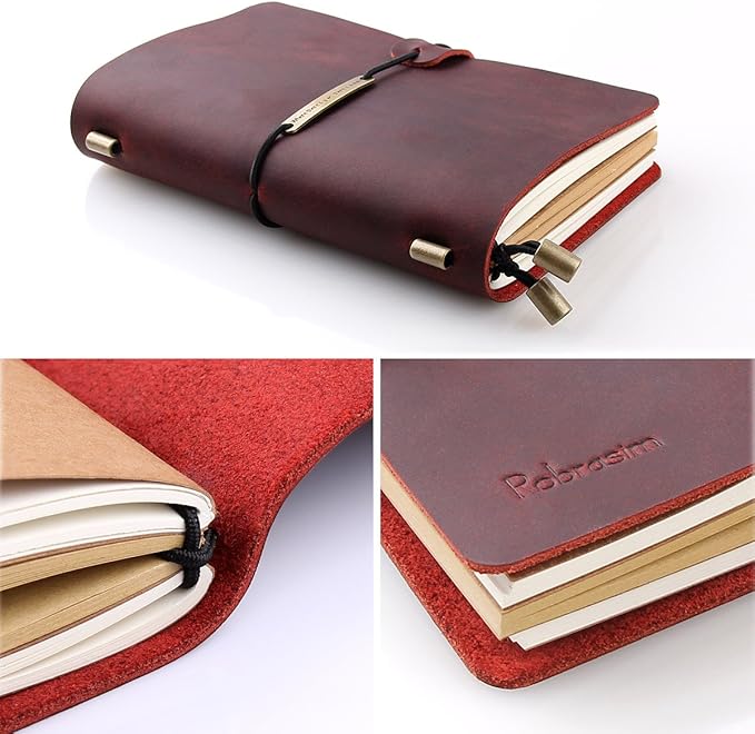Robrasim Leather Journal Refillable Travelers Notebook, Antique Handmade Leather Writing Diary Notepad, Travel Journal Notebook for Men & Women, Medium Size 6.7" x 4" - Wine