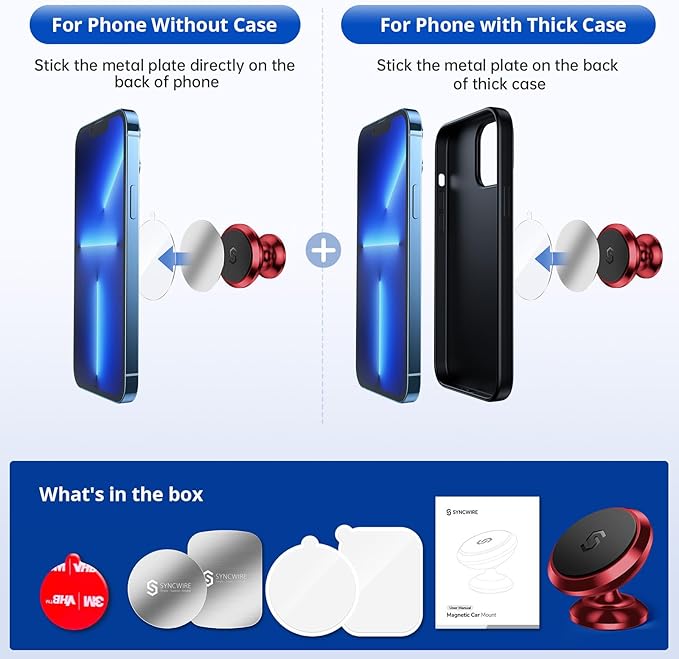 SYNCWIRE Magnetic Car Phone Holder for Dashboard, 360° Adjustable Strong Magnets Cell Phone Car Mount Compatible with iPhone, Samsung, Android - Red