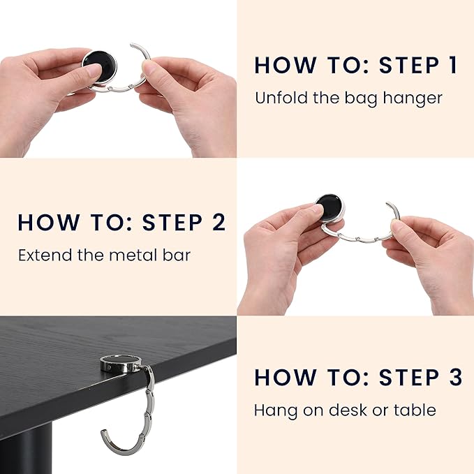 kwmobile Purse Hook for Table - Set of 2 Purse Holder - Folding Handbag Hanger - Portable Bag Holder - Bag Hooks for Desk - Table Hook Silver/Black