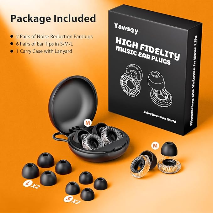 Yawsoy Concert Ear Plugs 2.0, 2 Pairs High Fidelity Noise Cancelling Ear Plugs, Hearing Protection for Concerts, Musicians, Live Events, Sports & DJs, 20dB Noise Reduction Earplugs (Black)
