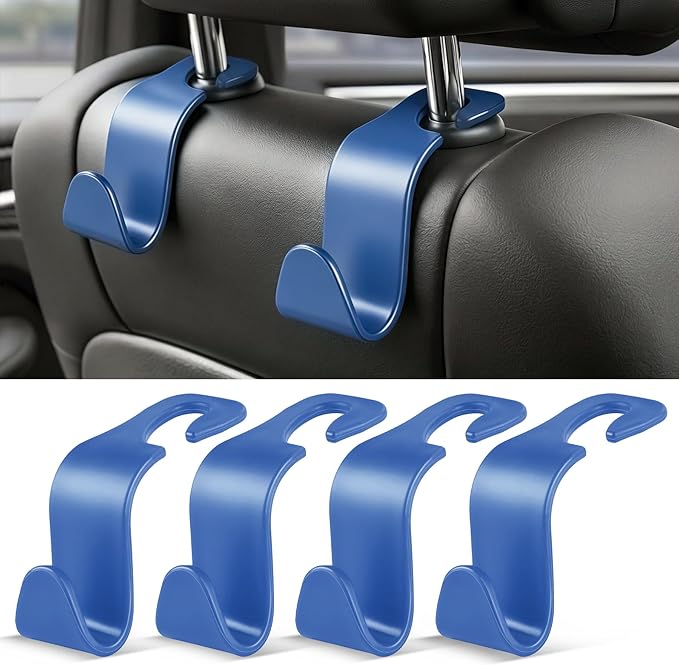 SINGARO 4 Pack Car Seat Headrest Hooks, Vehicle Back Seat Hanger Storage Organizer for Purse Handbag Backpack Coat Grocery, 360° Rotating Heavy Duty Holds 44lbs, Blue