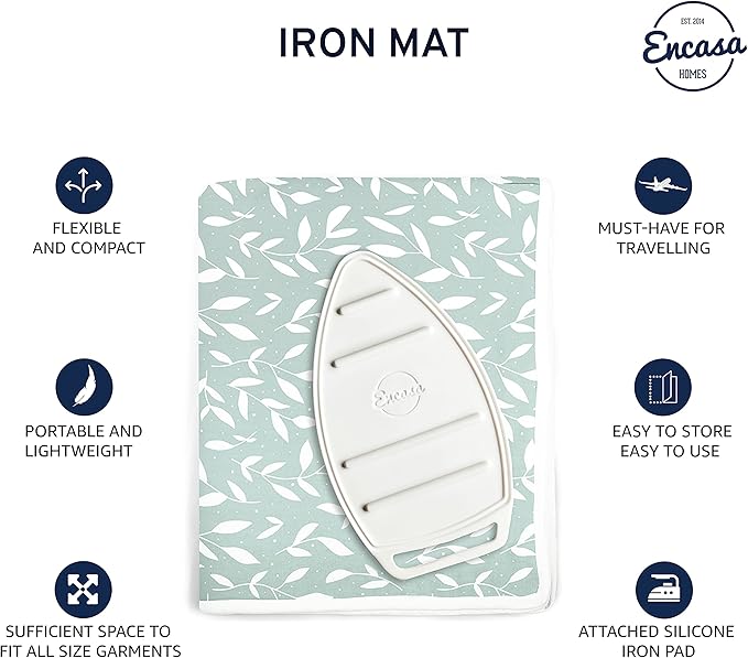 Encasa XO Ironing Mat/Pad (Large 48"x28") with 3mm Padding & Silicone Iron Rest for Steam Pressing on Tabletop or Bed - Heat Resistant, Portable, Quilting & Travel Blanket - Green Leaflet