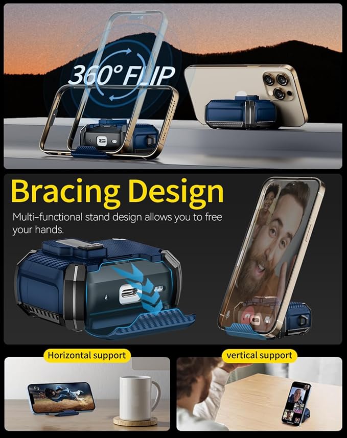 Pohgelan Compatible with AirPods 4 Case,Magnetic Automatic Lock with Phone Stand & Cleaning Kit,Compatible with Magsafe,Carbon Fiber Texture Cover -Blue