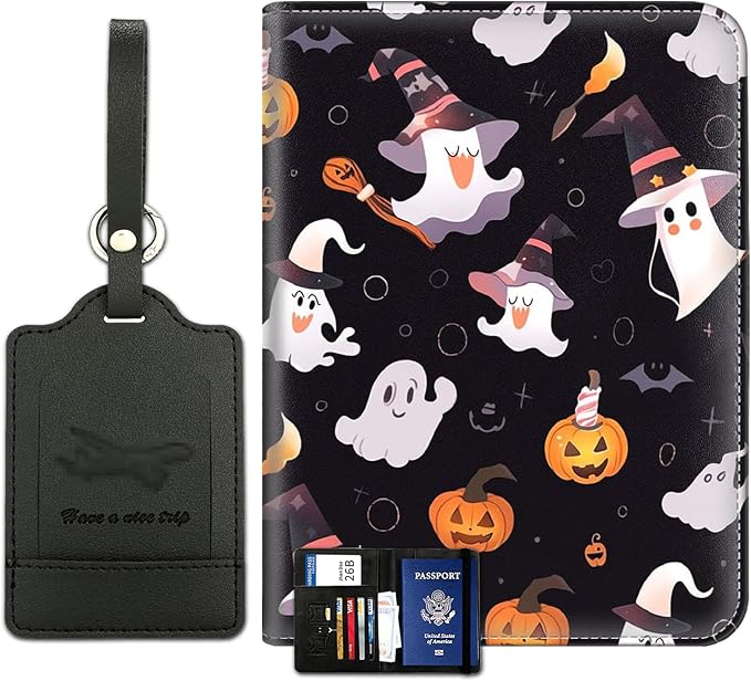 Passport Wallet, Passport Holder with RFID Blocking and Luggage Tag, Waterproof PU Leather Travel Documents Organizer Case, Passport Covers with Card Slot for Women & Men, Halloween Spooky Pumpkin