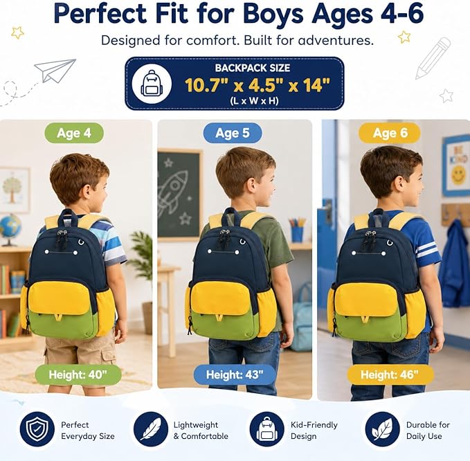 BTOOP Kids Backpack for Boys 3-6, Preschool Kindergarten Backpack with Insulated Lunch Compartment & Chest Strap, Cute Lightweight School Travel Bag Fits A4 Folder