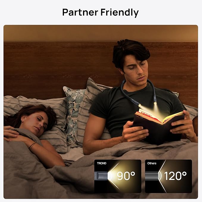 TROND LED Neck Reading Light, 3 Color 3 Brightness Book Light for Reading in Bed, 1000mAh Rechargeable Lamp, Flexible Arm with Outdoor Warning Lamp, Eye-Caring for Crochet, Travel, Book Lovers Gifts