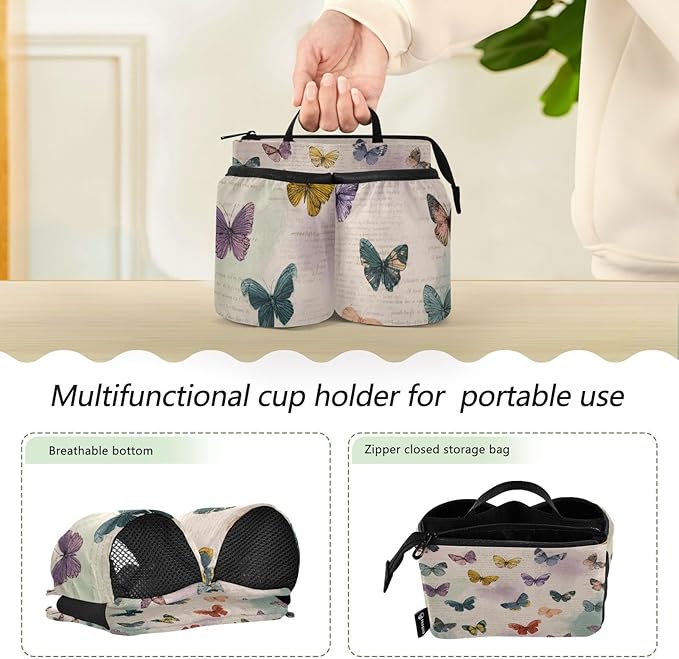 Luggage Cup Holder for Suitcases Free Hands Suitcase Cup Holder Travel Luggage Drink Holder Portable Luggage Cup Caddy Bag Carrier with Handle Vintage Beige Butterflies