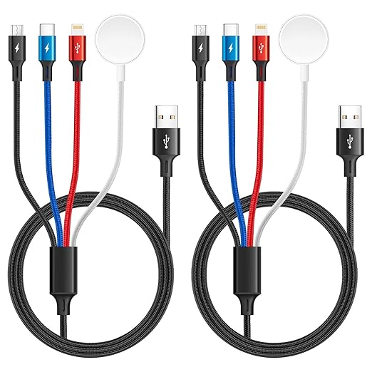 Multi Charging Cable Nylon Braided USB C/Lightning/Micro Port Compatible for Apple Watch Charger USB Magnetic Wireless Charger iWatch Series 9-1/iPhone 15 14/Galaxy Android (2, Black, 4ft)