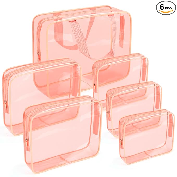 APREUTY Clear Makeup Bags, TSA Approved 6 Pcs Cosmetic Makeup Bags Set Clear PVC with Zipper Handle Portable Travel Luggage Pouch Airport Airline Vacation Organization (Peach)