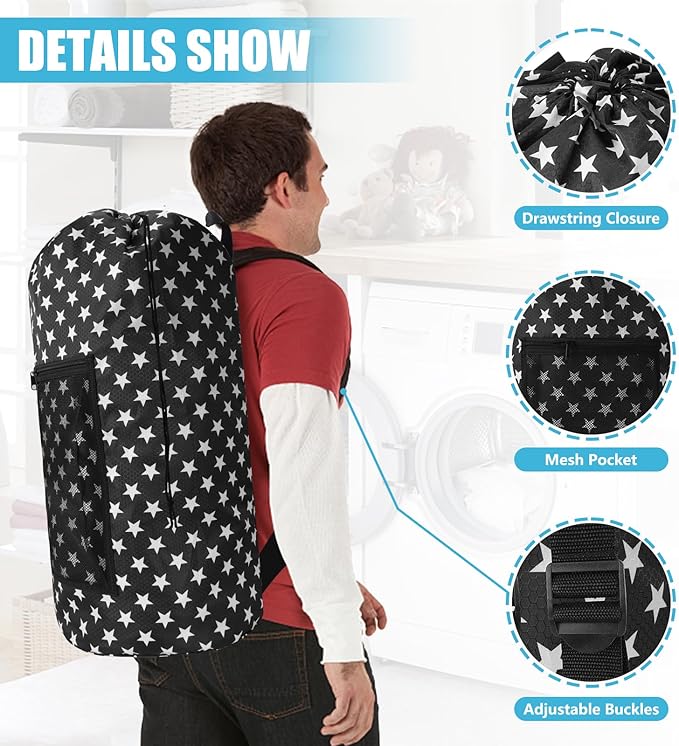 Laundry Bag Backpack, Extra Large Travel Laundry Bag with Mesh Pocket & Adjustable Shoulder Straps,Dirty Clothes Travel Bag for College Students Dorm,Apartment(Star Shape)