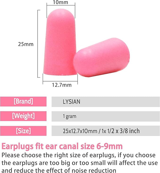 LYSIAN Soft Foam Ear Plugs for Sleeping and Snoring, 38dB SNR Noise Reduction Earplugs, 60 Pairs Disposable Earplugs for Women, Travel, Study and Loud Noise, Pink