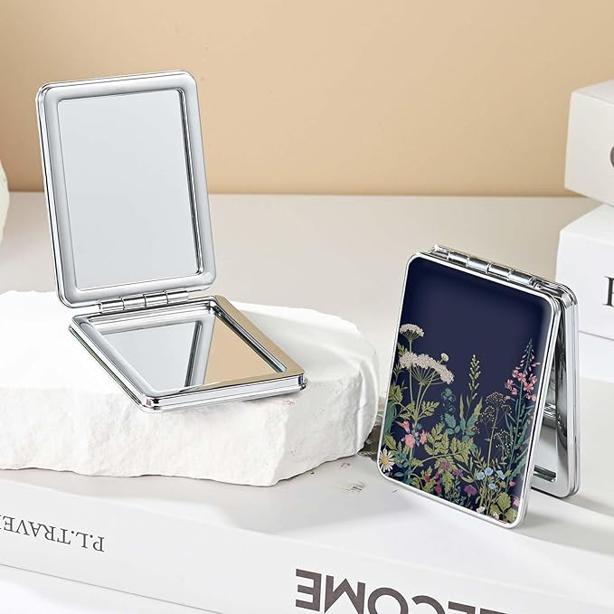 Pocket Mirror, Small Travel Mirror with Magnification, Portable Double-Sided Magnifying Cosmetic Mirror for Daily (Black Flowers)