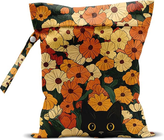 Black Cat Floral Wet Dry Bags Reusable Waterproof Wet Bags Swimsuit Bag Diaper Pouch for Travel Swimsuits Diapers Towels Beach Gym Cat Gifts for Women Friend Travelers 10 x 13 Inches