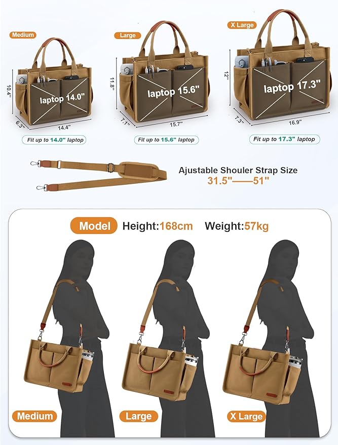 FIORETTO Womens Canvas Tote Bag Purse with Individual Compartment, Zipper Top, Reinforced Bottom & Luggage Sleeve