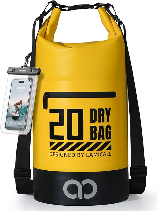 Lamicall Waterproof Dry Bag with Phone Pouch, Floating Roll Top Backpack, 20L, Yellow