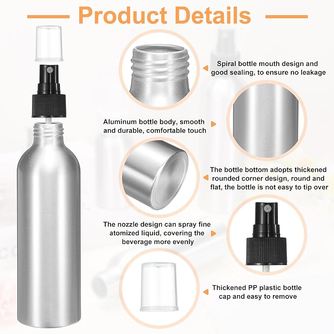 HARFINGTON 3pcs Aluminum Fine Mist Spray Bottles 200ml/6.7oz Metal Small Liquid Alcohol Refillable Travel Container with Black Plastic Nozzle Cap for Perfume Skincare Cosmetic Storage Bottle