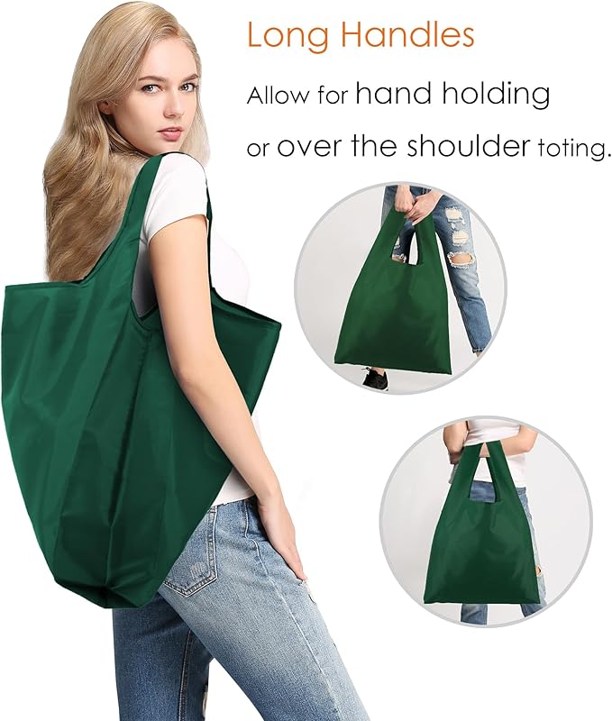 BeeGreen Christmas Green Reusable Grocery Bags with Zipper Storage Pouch 10 Packs Dark Green Reusable Shopping Bags Bulk Foldable-Machine Washable