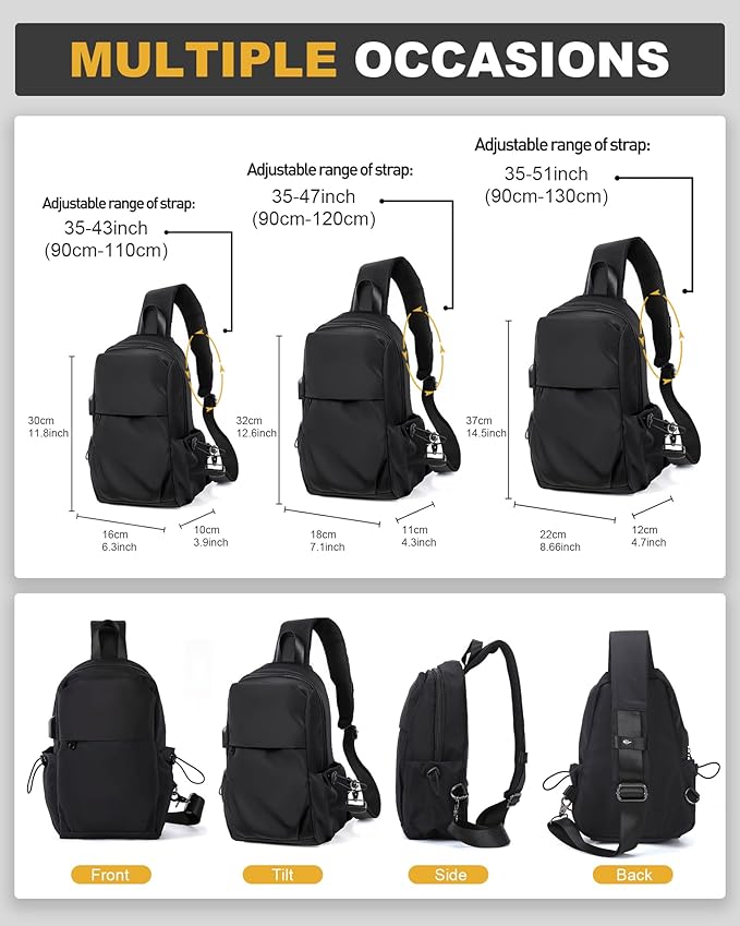 SEAFEW Large Black Sling Bag for Men and Women - Sport Crossbody Backpack for Pickleball, Tennis, Racketball