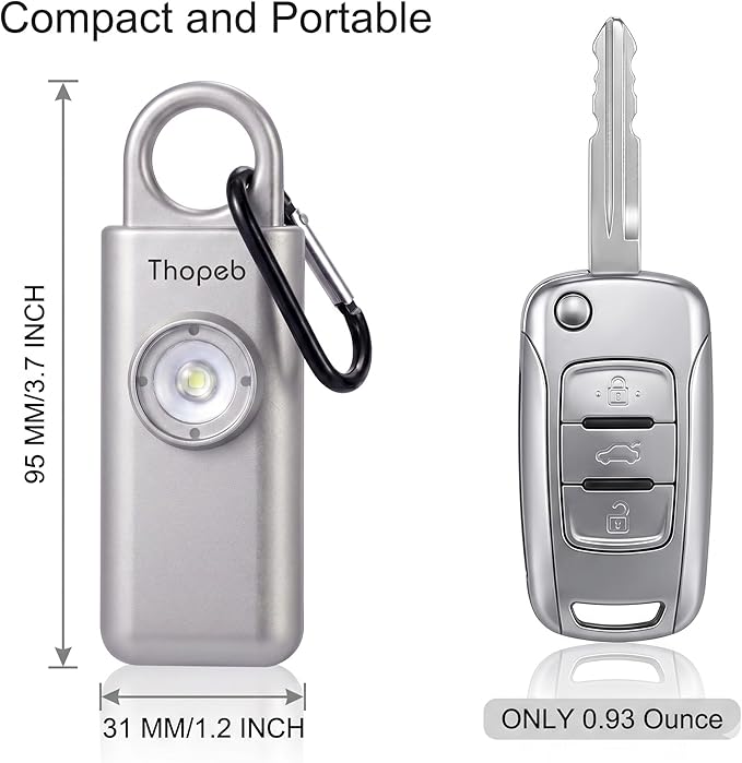 Thopeb–The Original Personal Safety Alarm for Women Self Defense – Elders & Kids Self Defense Keychain Siren – 135dB Loud Siren Bird Sound – Cute Key Chains Protection (Metallic Silver)